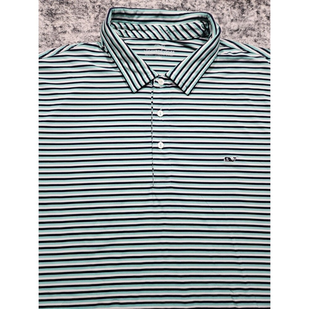 Vineyard Vines Polo Shirt Men's XXL Blue Green Striped Whale Logo Golf Casual